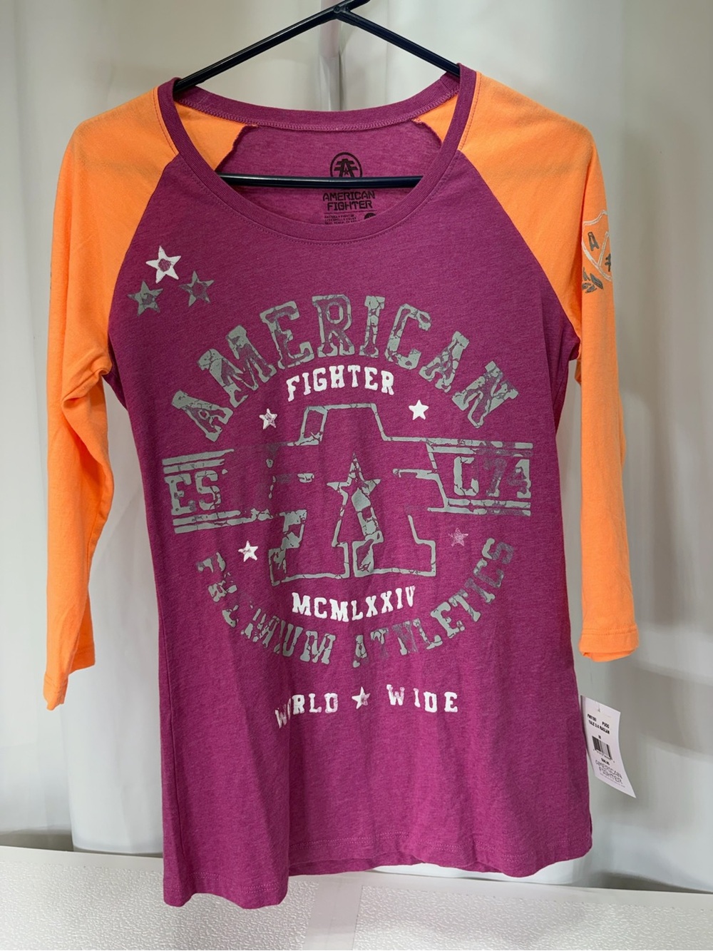 American Fighter Purple and Orange Raglan Graphic Tee Shirt 406###